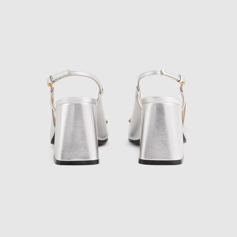  Giày Nữ Gucci Mid Heel Slingback With Horsebit Leather 'Silver Metallic' 