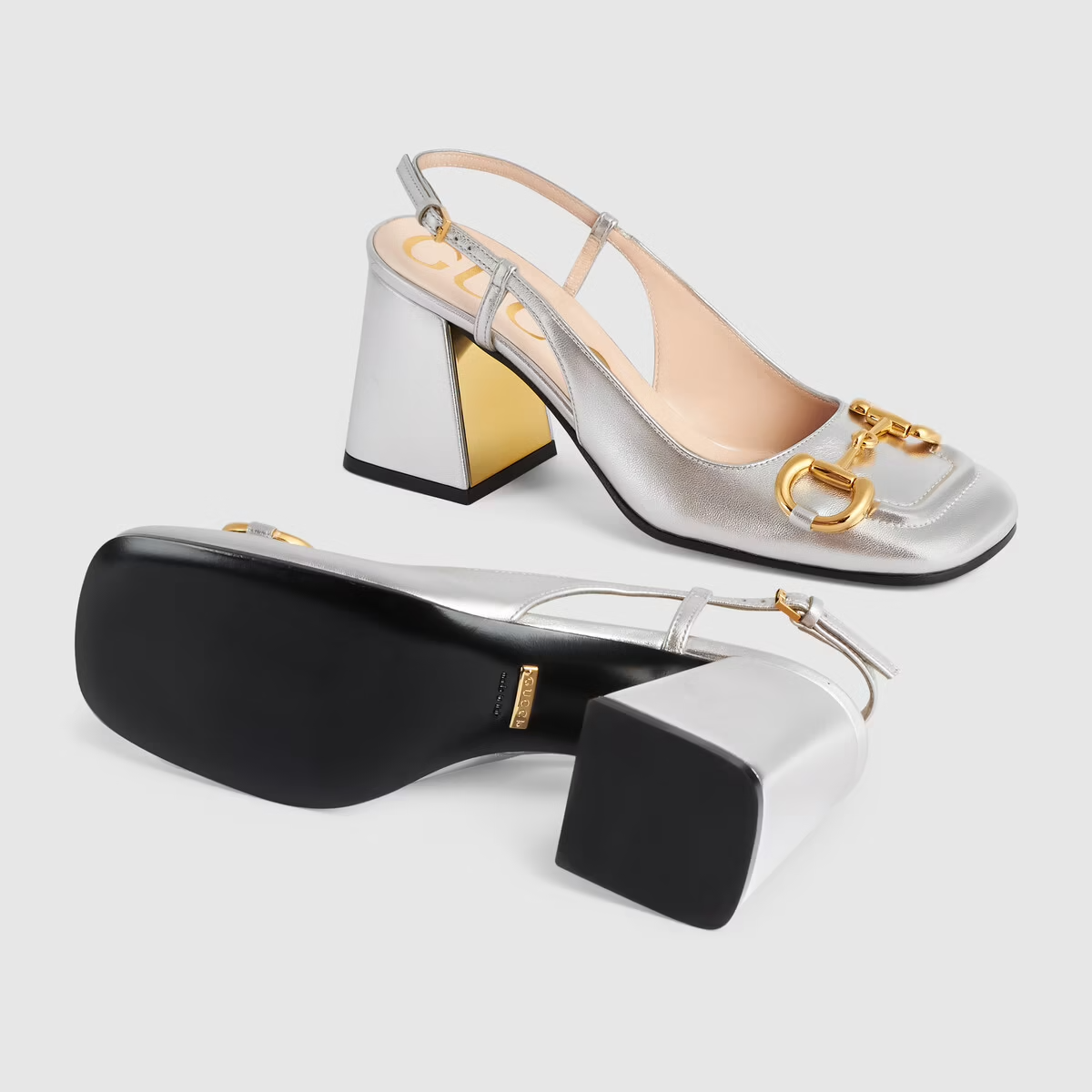  Giày Nữ Gucci Mid Heel Slingback With Horsebit Leather 'Silver Metallic' 