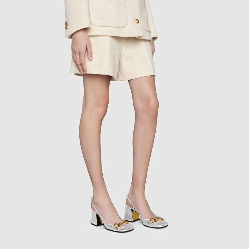  Giày Nữ Gucci Mid Heel Slingback With Horsebit Leather 'Silver Metallic' 
