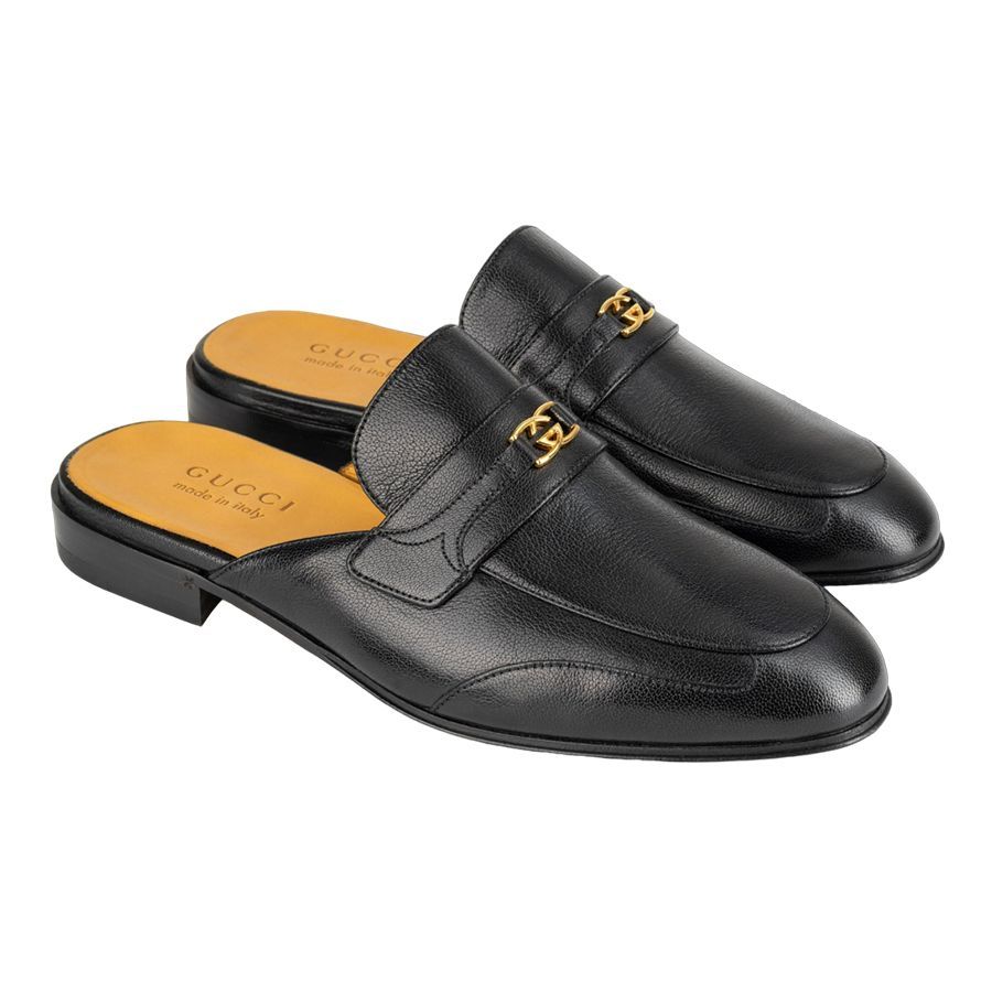  Giày Nam Gucci Black Leather With Gold Logo 'Black' 