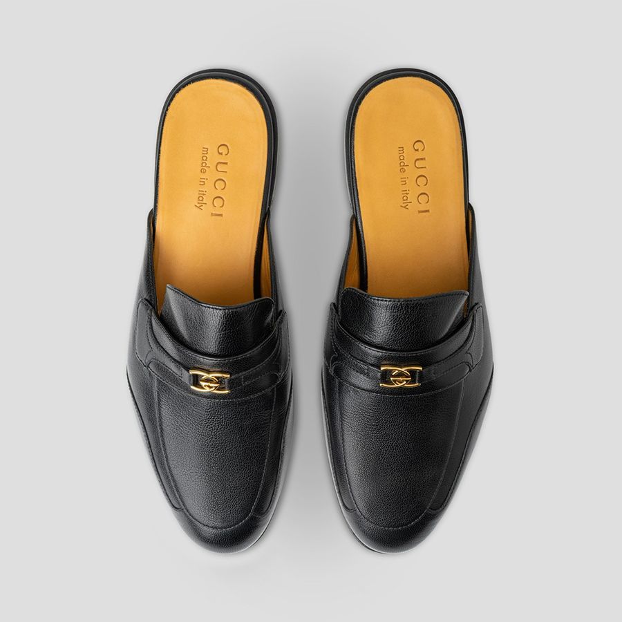  Giày Nam Gucci Black Leather With Gold Logo 'Black' 