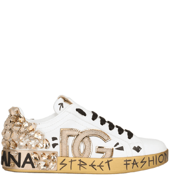  Giày Nữ Dolce & Gabbana Calfskin Portofino Sneakers With Embroidery 'White' 
