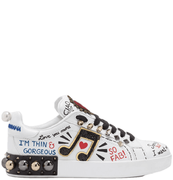  Giày Nữ Dolce & Gabbana Printed Calfskin Nappa Portofino Sneakers With Patch Embroidery 'White' 