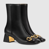  Giày Nữ Gucci Mid Heel Ankle Boot With Horsebit Leather 'Black' 