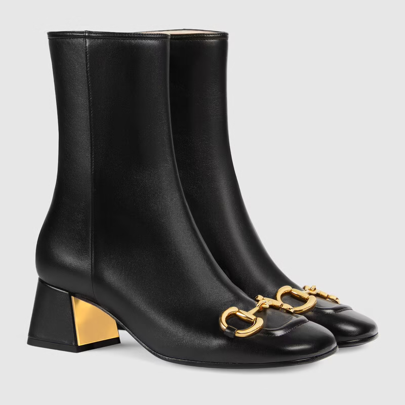  Giày Nữ Gucci Mid Heel Ankle Boot With Horsebit Leather 'Black' 