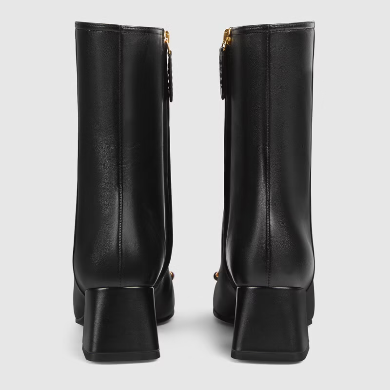  Giày Nữ Gucci Mid Heel Ankle Boot With Horsebit Leather 'Black' 