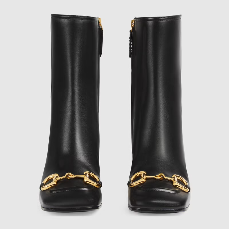  Giày Nữ Gucci Mid Heel Ankle Boot With Horsebit Leather 'Black' 