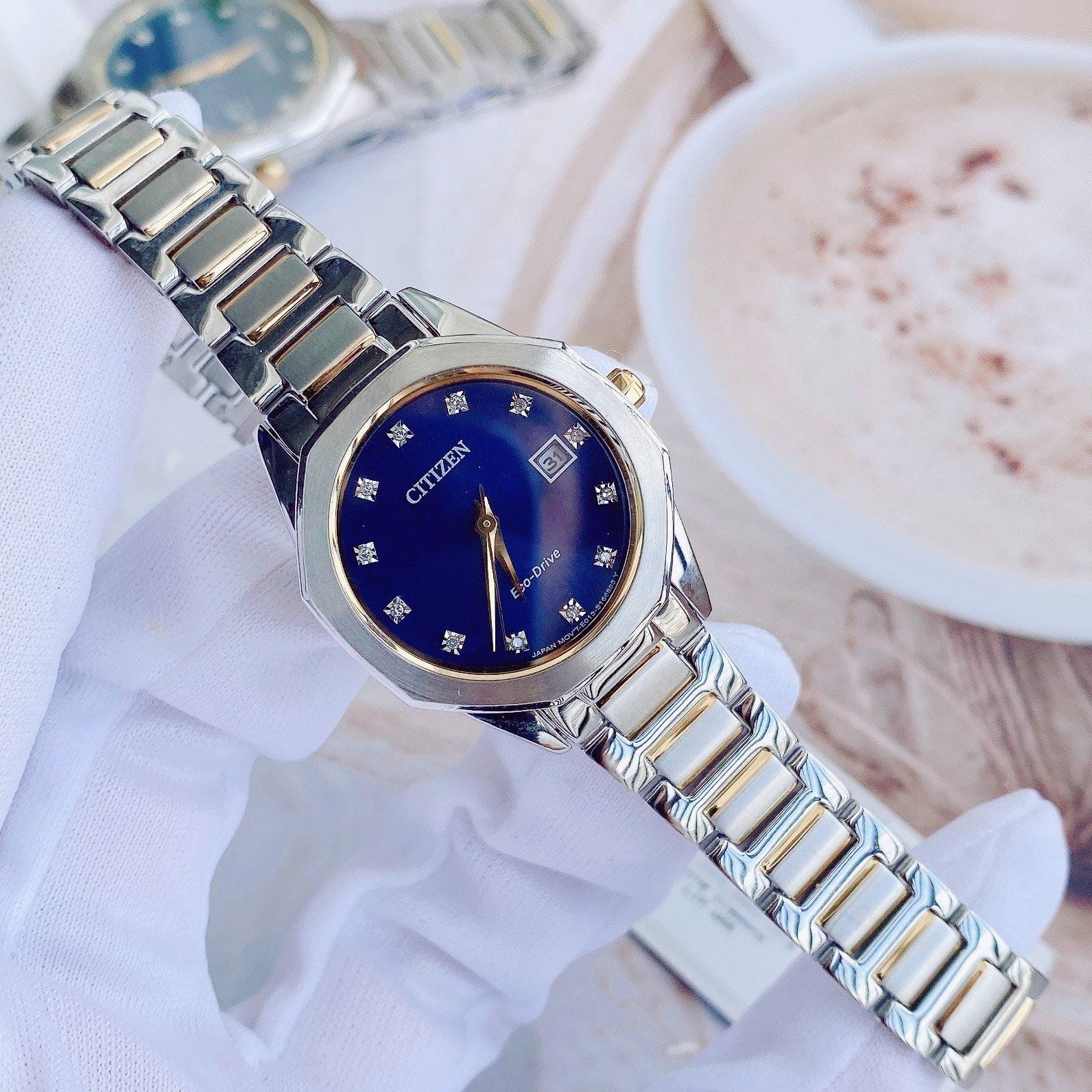  Đồng Hồ Nữ CITIZEN Quartz Diamond Dial Two-tone Watch 'Blue' 