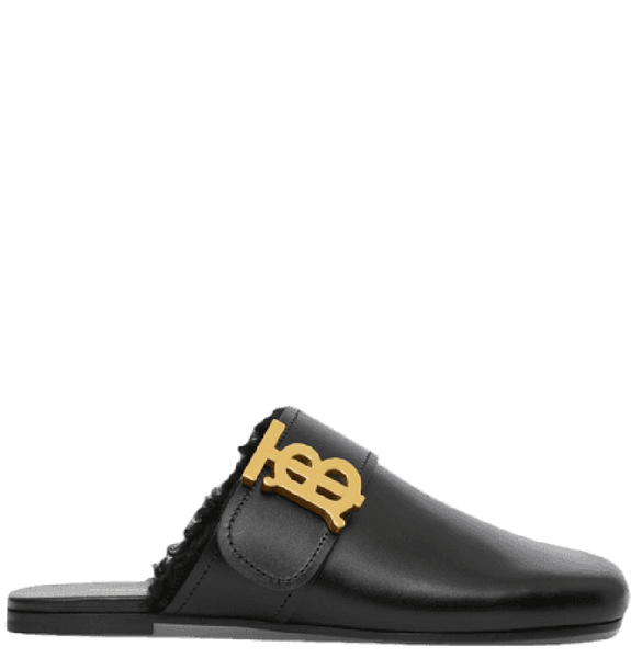  Giày Nữ Burberry Monogram Detail Shearling-lined Leather Mules 'Black' 