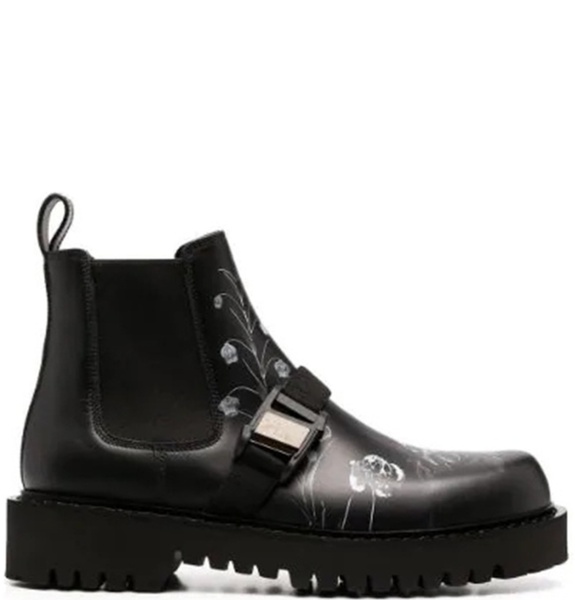  Giày Nam Valentino Flower Patterns Leather Logo Boots 'Black' 