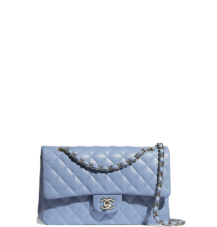 CHANEL Vintage Medium Classic Double Flap Bag in Light Blue Jersey   Dearluxe