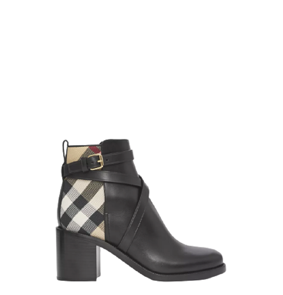  Giày Nữ Burberry House Check and Leather Ankle Boots 'Black Beige' 