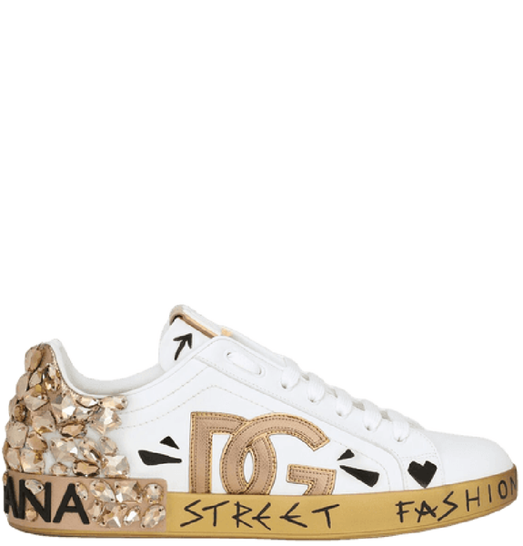  Giày Nam Dolce & Gabbana Printed Calfskin Nappa Portofino Sneakers With DG Logo Embroidery 'White' 