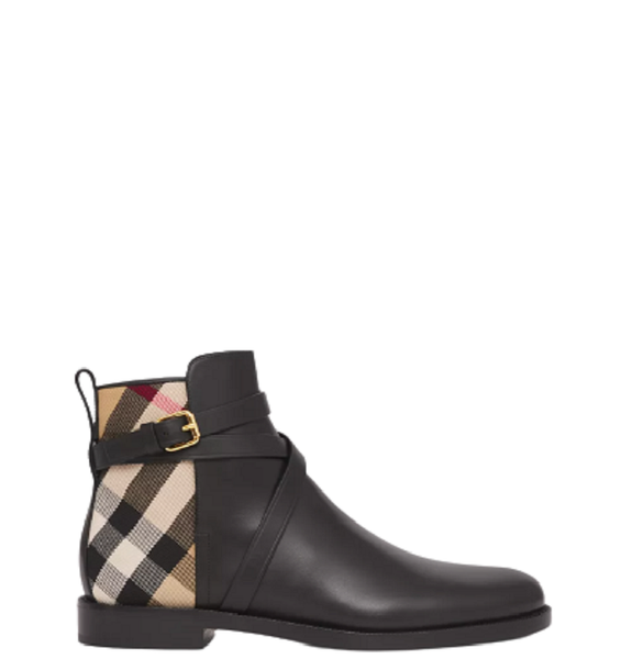  Giày Nữ Burberry House Check Leather Ankle Boots 'Black Beige' 