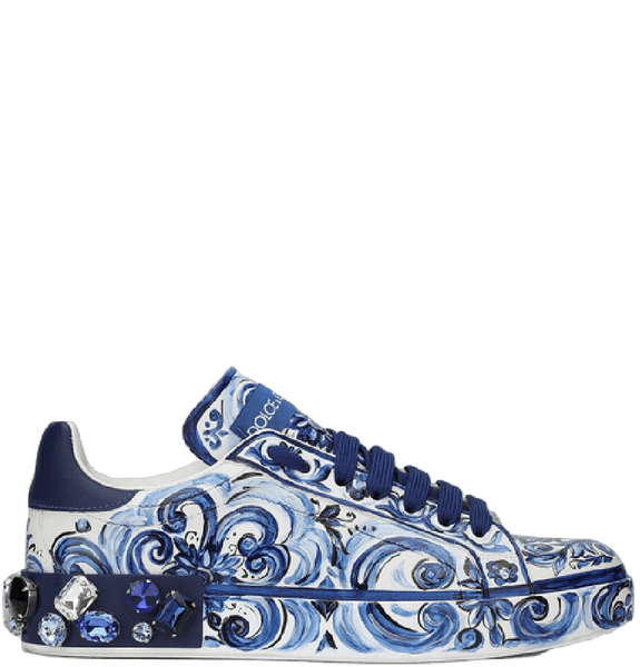  Giày Nữ Dolce & Gabbana Majolica Print Calfskin Portofino Sneakers 'Blue' 
