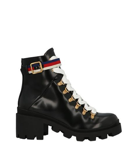  Giày Nữ Gucci Leather Ankl Sylvie Web 'Black' 