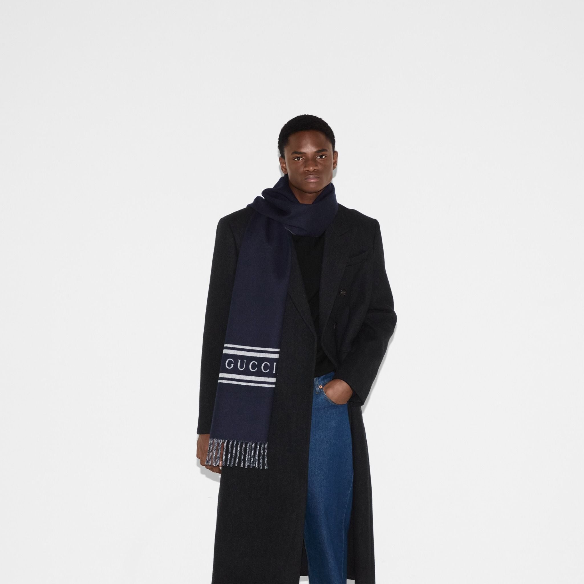  Khăn Gucci Wool Cashmere Scarf 'Navy' 