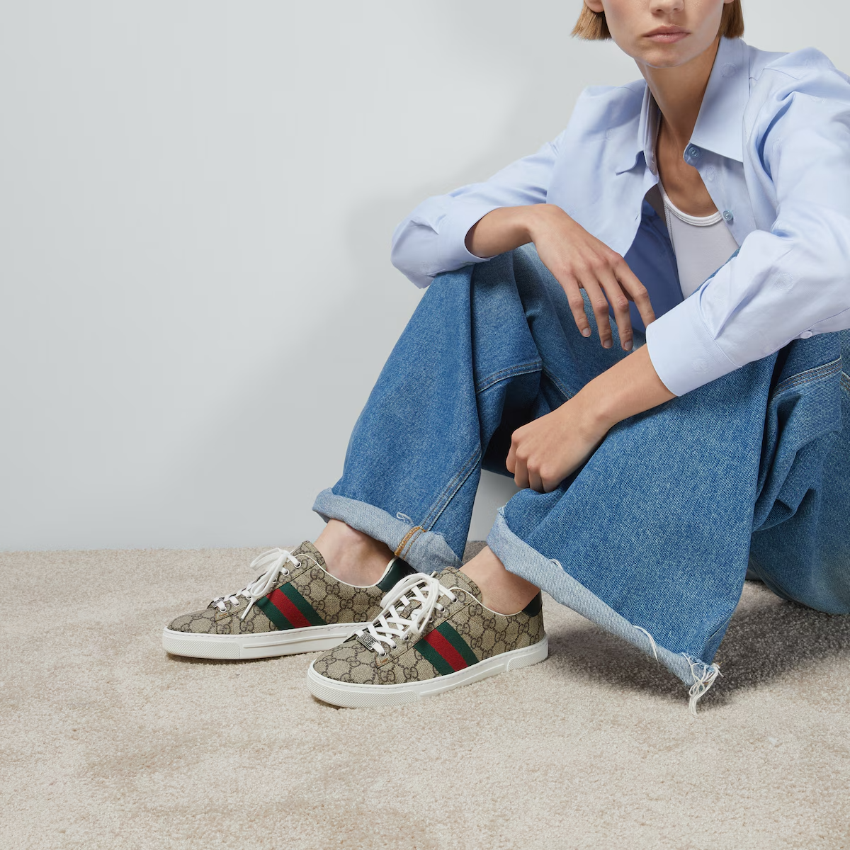  Giày Nữ Gucci Ace Trainer With Web 'Beige' ‎ 
