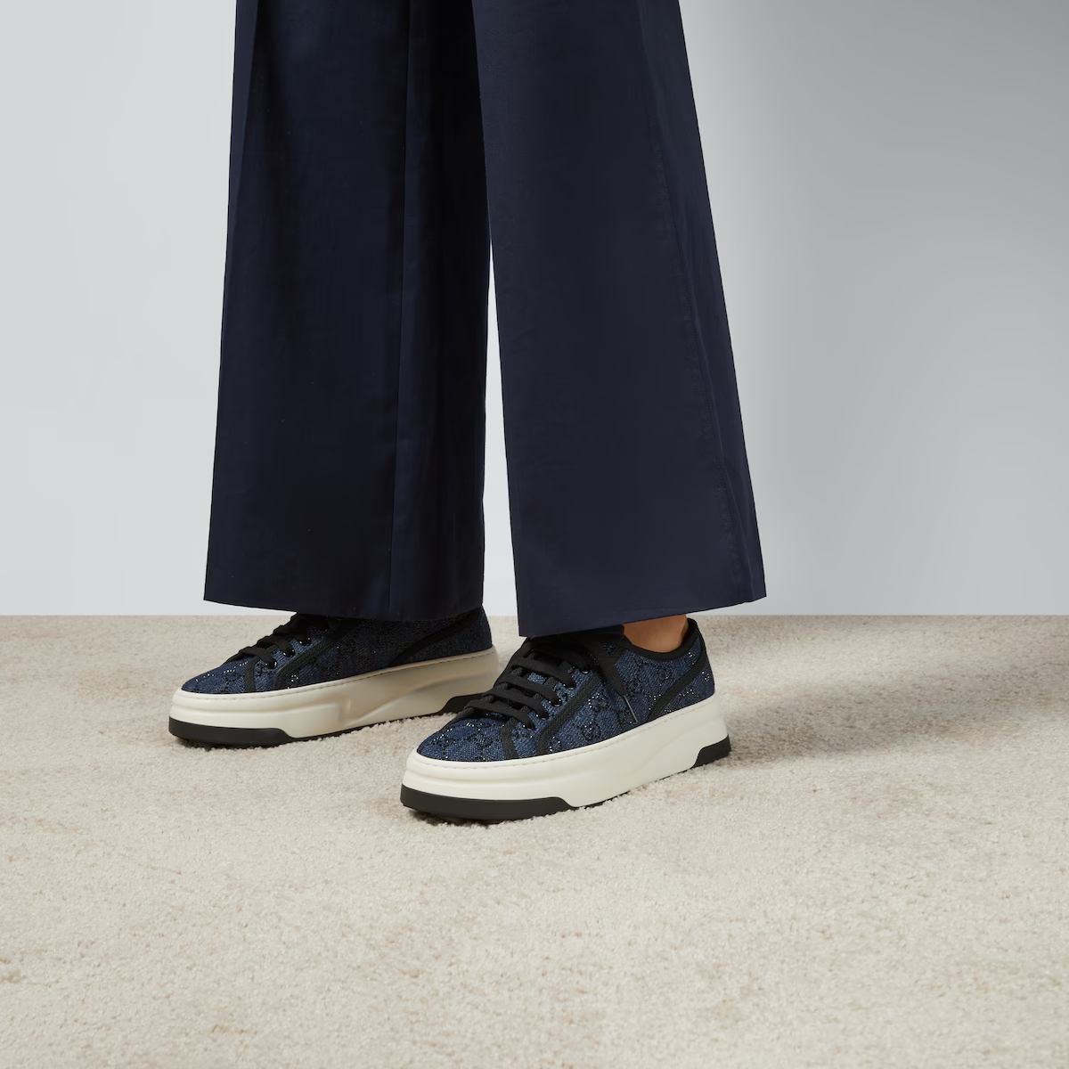  Giày Nữ Gucci GG Sneaker 'Blue Denim With Black GG Crystals' ‎ 
