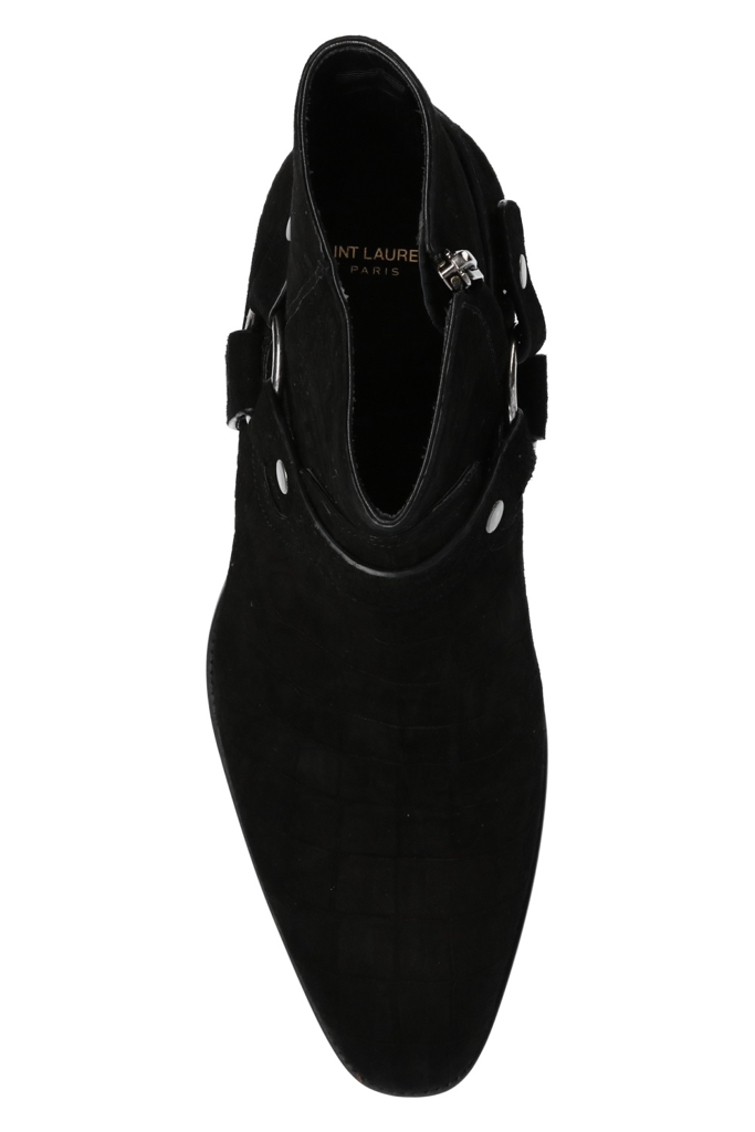  Giày Nữ Saint Laurent Wyatt Crocodile Embossed Suede Harness Boot 'Black' 