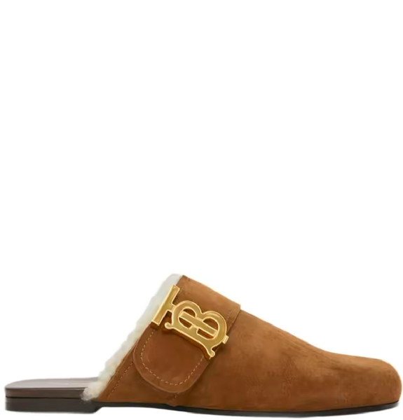  Giày Nữ Burberry Monogram Detail Shearling-lined Suede Mules 'Chocolate' 