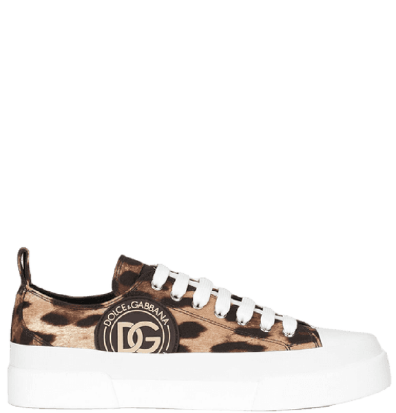  Giày Nữ Dolce & Gabbana Cotton Drill Portofino Light Sneakers With Leopard Print DG Logo 'Brown' 