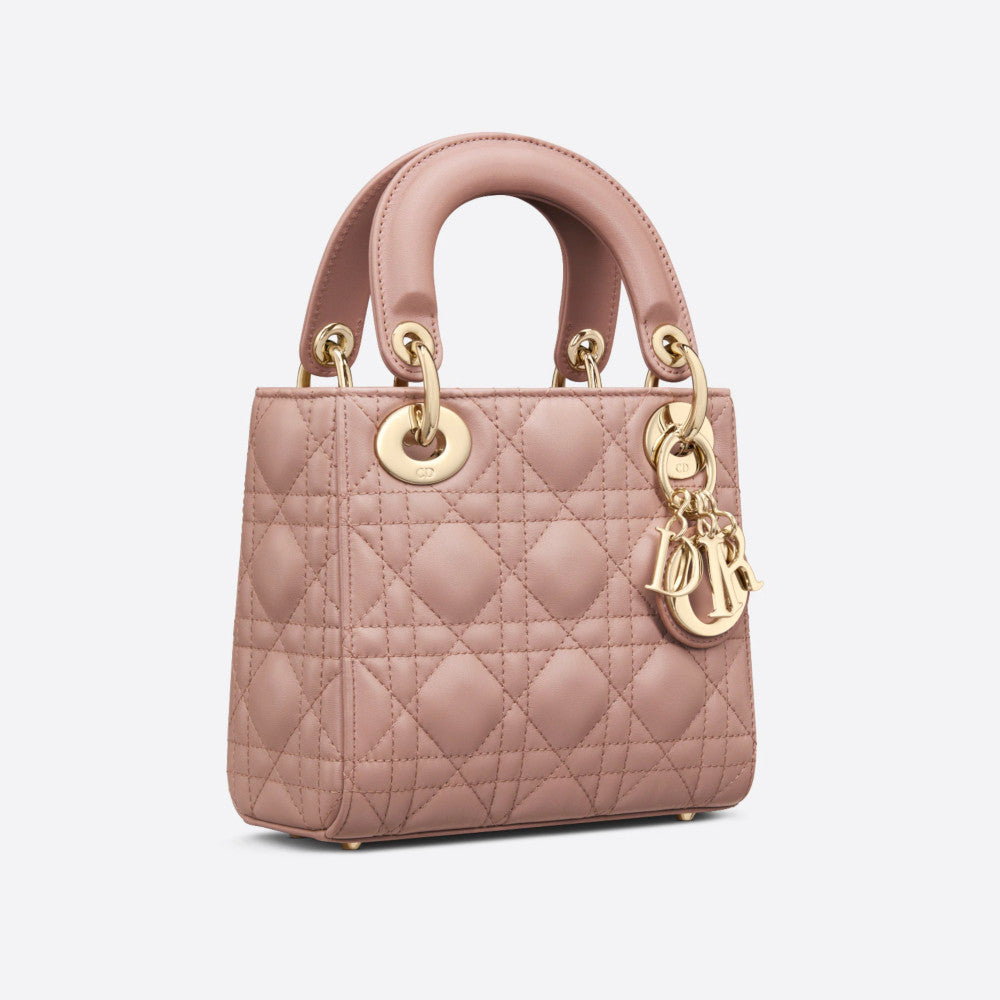 DIOR LADY MEDIUM GOLD METAL LIGHT PINK LAMBSKIN BAG