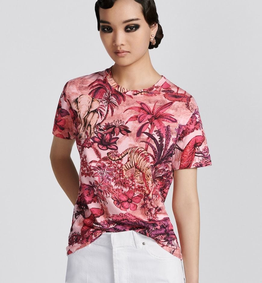 Áo Nữ Dior T-shirt Cotton Jersey Toile de 'Pink' 343T06A4505