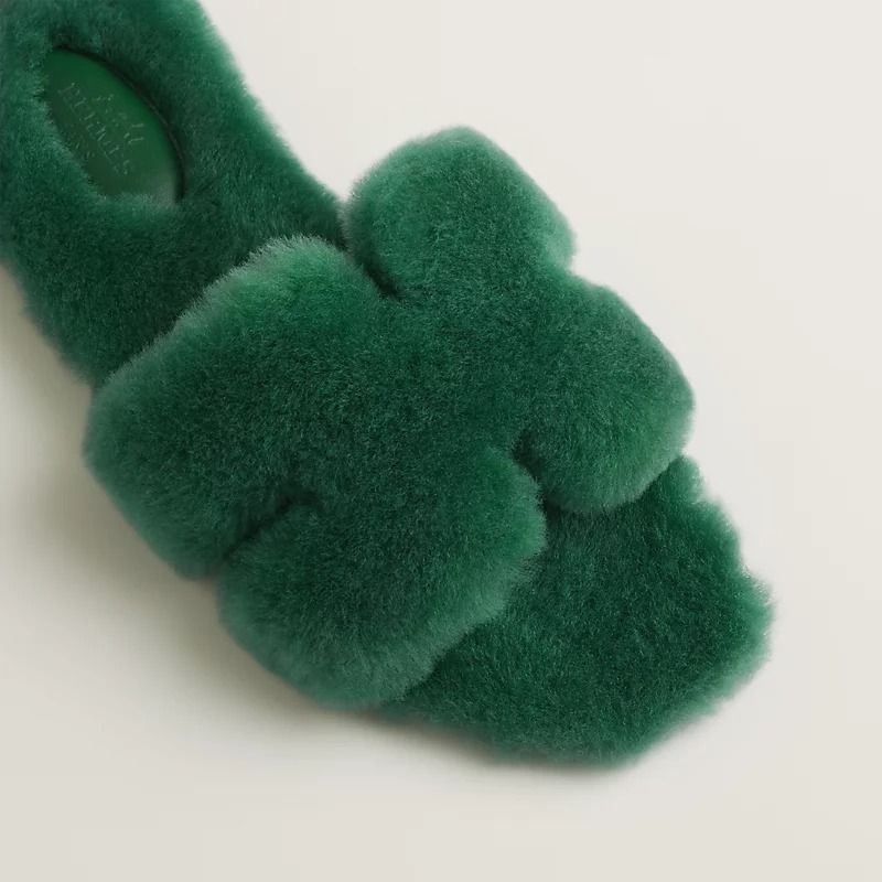 Sandales HERMÈS Oran Fourrure Verte - Taille 37.5 - Neuf Dans Boîte Originale