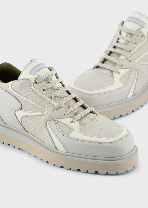 Giày Nam Emporio Armani Leather Sneakers With Tumbled Inserts Beige – LUXITY