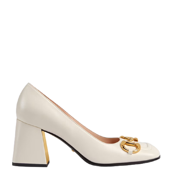  Giày Nữ Gucci Mid Heel Pump With Horsebit Leather 'White' 