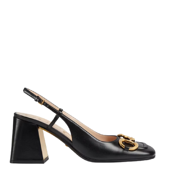  Giày Nữ Gucci Mid Heel Slingback With Horsebit Leather 'Black' 