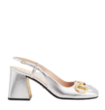  Giày Nữ Gucci Mid Heel Slingback With Horsebit Leather 'Silver Metallic' 