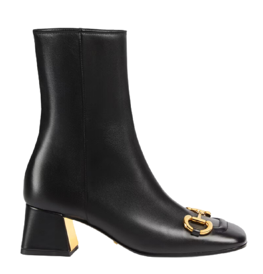  Giày Nữ Gucci Mid Heel Ankle Boot With Horsebit Leather 'Black' 