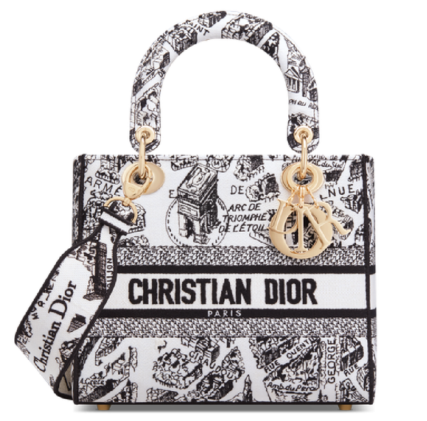  Túi Nữ Dior Medium Lady D-Lite Bag Plan de Paris Embroidery 'White Black' 