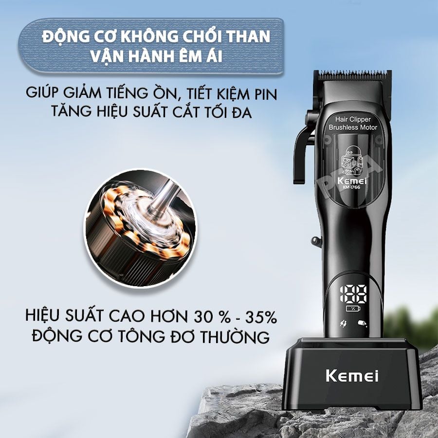 Tông đơ cắt tóc chuyên nghiệp Kemei KM-1766 lưỡi cắt mạ carbon DLC cao cấp có động cơ không chổi than màn hình LCD hiển thị công suất 5W - Chính hãng