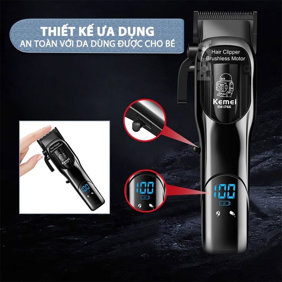 Tông đơ cắt tóc chuyên nghiệp Kemei KM-1766 lưỡi cắt mạ carbon DLC cao cấp có động cơ không chổi than màn hình LCD hiển thị công suất 5W - Chính hãng