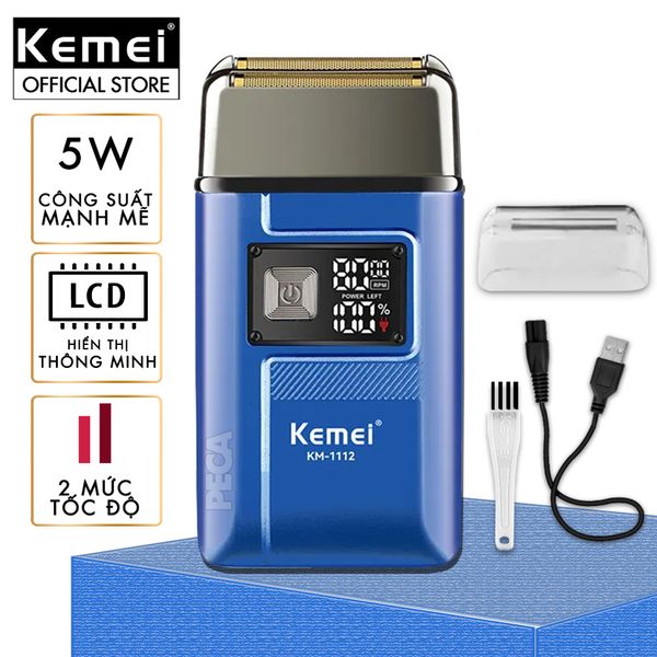 Máy cạo râu lưỡi kép Kemei KM-1112 có 2 tốc độ cắt màn hình LCD, công suất 5w mạnh mẽ, có thể fade trắng, cạo trọc hàng chính hãng