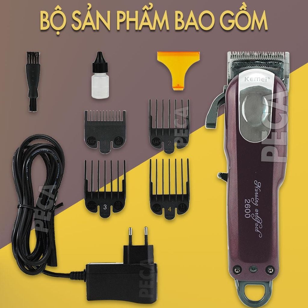 Tông đơ cắt tóc không dây Kemei KM-2600 chuyên nghiệp với pin Lithiumion siêu khủng có thể sử dụng cắm điện trực tiếp