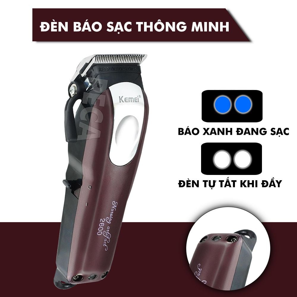 Tông đơ cắt tóc không dây Kemei KM-2600 chuyên nghiệp với pin Lithiumion siêu khủng có thể sử dụng cắm điện trực tiếp