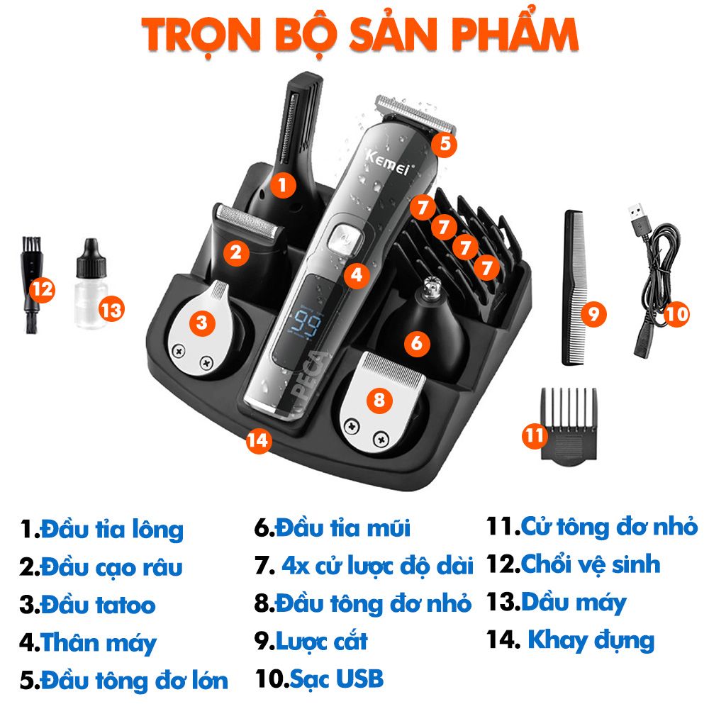 Tông đơ cắt tóc đa năng 11in1 Kemei KM-8508 không dây 2 tốc độ cắt có thể cắt tóc, cạo râu, tỉa lông mũi,..