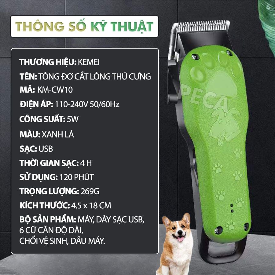 Tông đơ cắt lông thú cưng Kemei KM-CW10 không dây chuyên nghiệp công suất mạnh 5W sạc nhanh USB tiện lợi - Hàng chính hãng