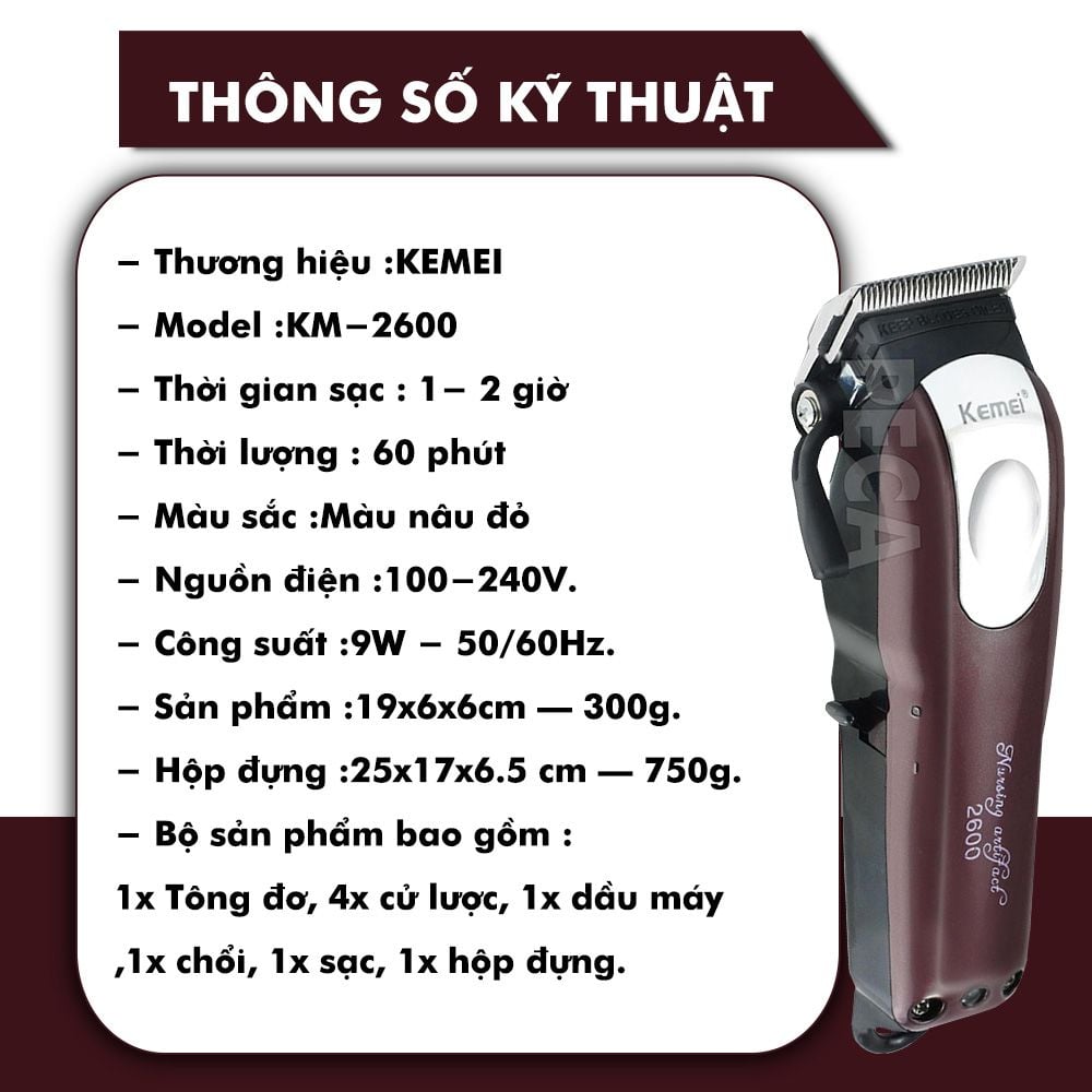 Tông đơ cắt tóc không dây Kemei KM-2600 chuyên nghiệp với pin Lithiumion siêu khủng có thể sử dụng cắm điện trực tiếp