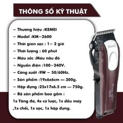 Tông đơ cắt tóc không dây Kemei KM-2600 chuyên nghiệp với pin Lithiumion siêu khủng có thể sử dụng cắm điện trực tiếp