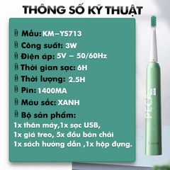 Bàn chải đánh răng điện Kemei KM-YS713 công nghệ rung siêu âm Tặng kèm 5 đầu bàn chải thay thế