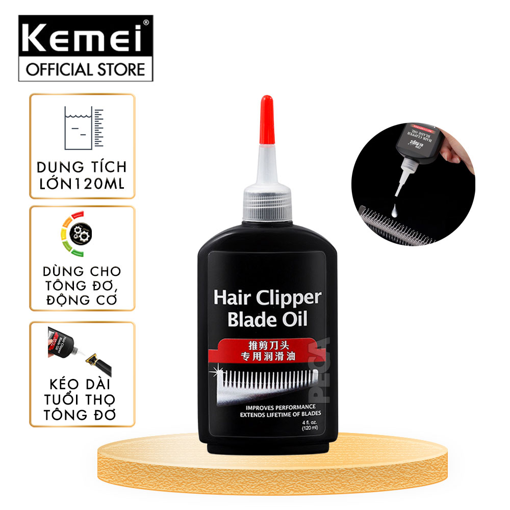 Dầu tra lưỡi tông đơ Kemei 120ml giúp làm mát lưỡi, động cơ hoạt động tốt, bảo vệ lưỡi chống gỉ sét, kéo dài tuổi thọ tông đơ