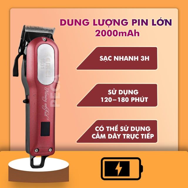 Tông đơ cắt tóc chuyên nghiệp KEMEI KM-1031 có màn hình LED công suất mạnh 8W sử dụng pin sạc có thể cắm dây trực tiếp