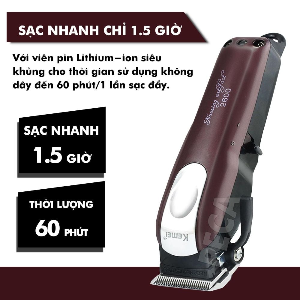 Tông đơ cắt tóc không dây Kemei KM-2600 chuyên nghiệp với pin Lithiumion siêu khủng có thể sử dụng cắm điện trực tiếp