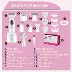 Máy tẩy lông đa năng 11in1 Kemei KM-7101 gồm đầu thay thế chuyên dụng cạo lông, sử dụng toàn thân - Chính hãng