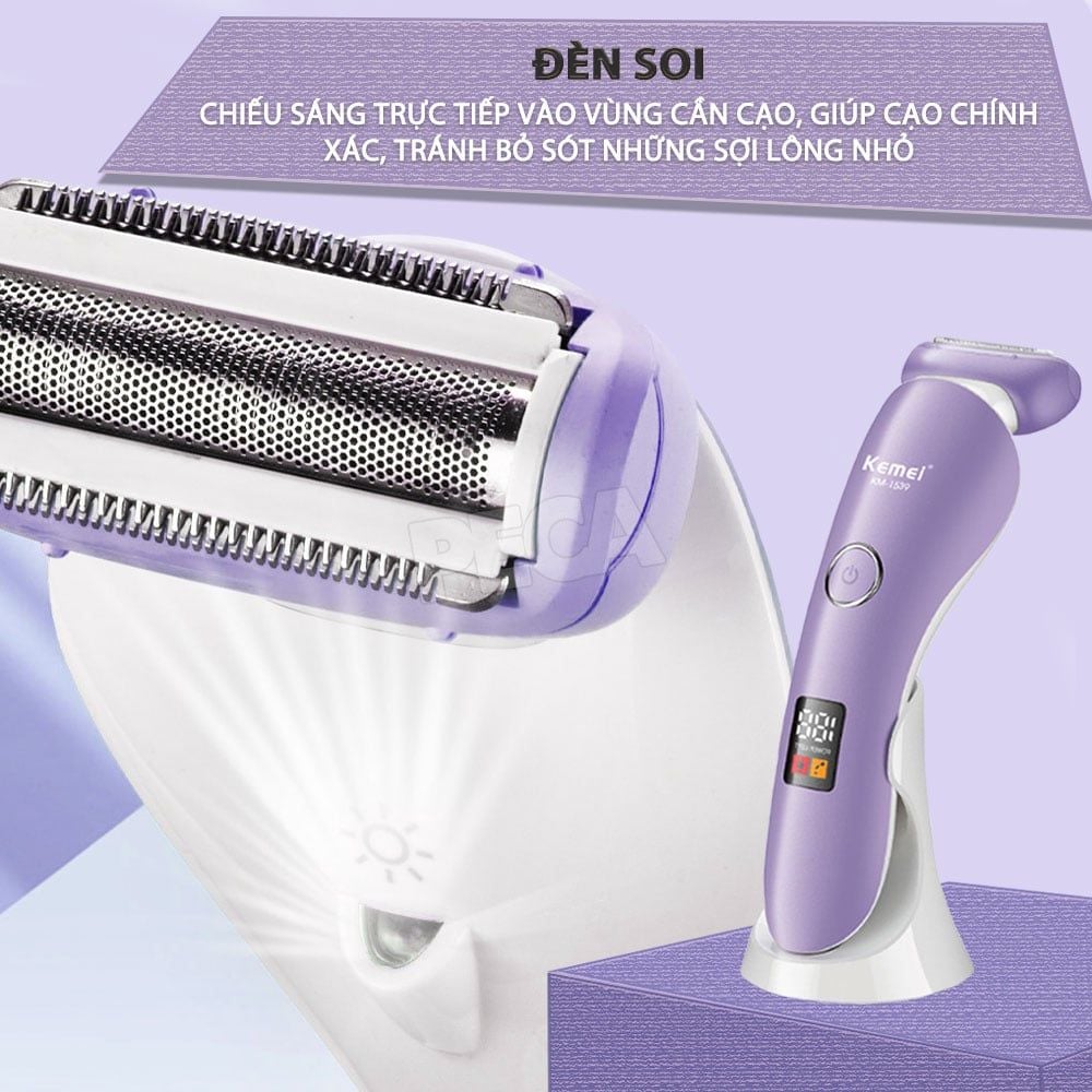 Máy tẩy lông Kemei KM-1539 chuyên dùng cạo lông toàn thân, bikini sử dụng pin sạc tiện lợi - Chính hãng